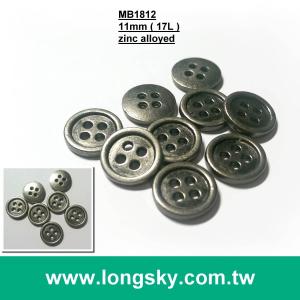 (MB1812/17L) 11mm 4孔古銀色金屬材質小外套鈕釦, 襯衫釦, 服裝鈕釦