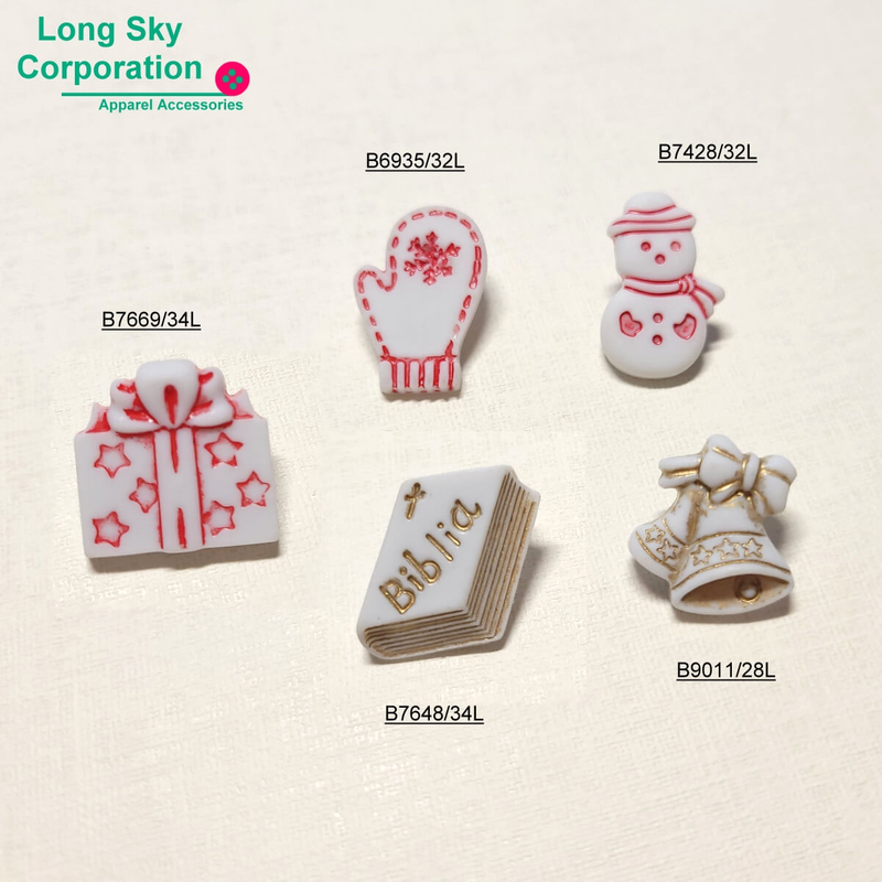 耶誕節主題造型裝飾鈕釦-耶誕鈴, 雪人, 書, 手套, 禮物 (B6935, B7428, B7648, B7669, B9011)