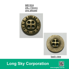 (MB1824/24L) 15mm 休閒服飾4孔青古銅金屬鈕扣